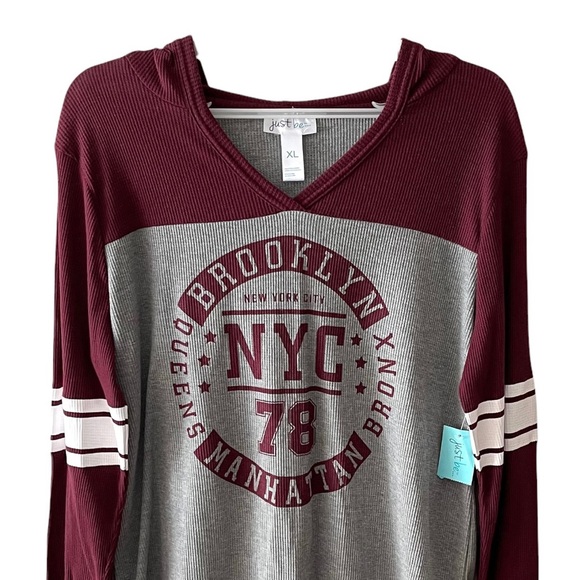 just be NYC Thermal Football Style V-neck Hooded Long Sleeve Shirt - Picture 2 of 16